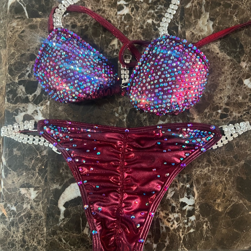 Maroon purplish colored small bikini competition suit